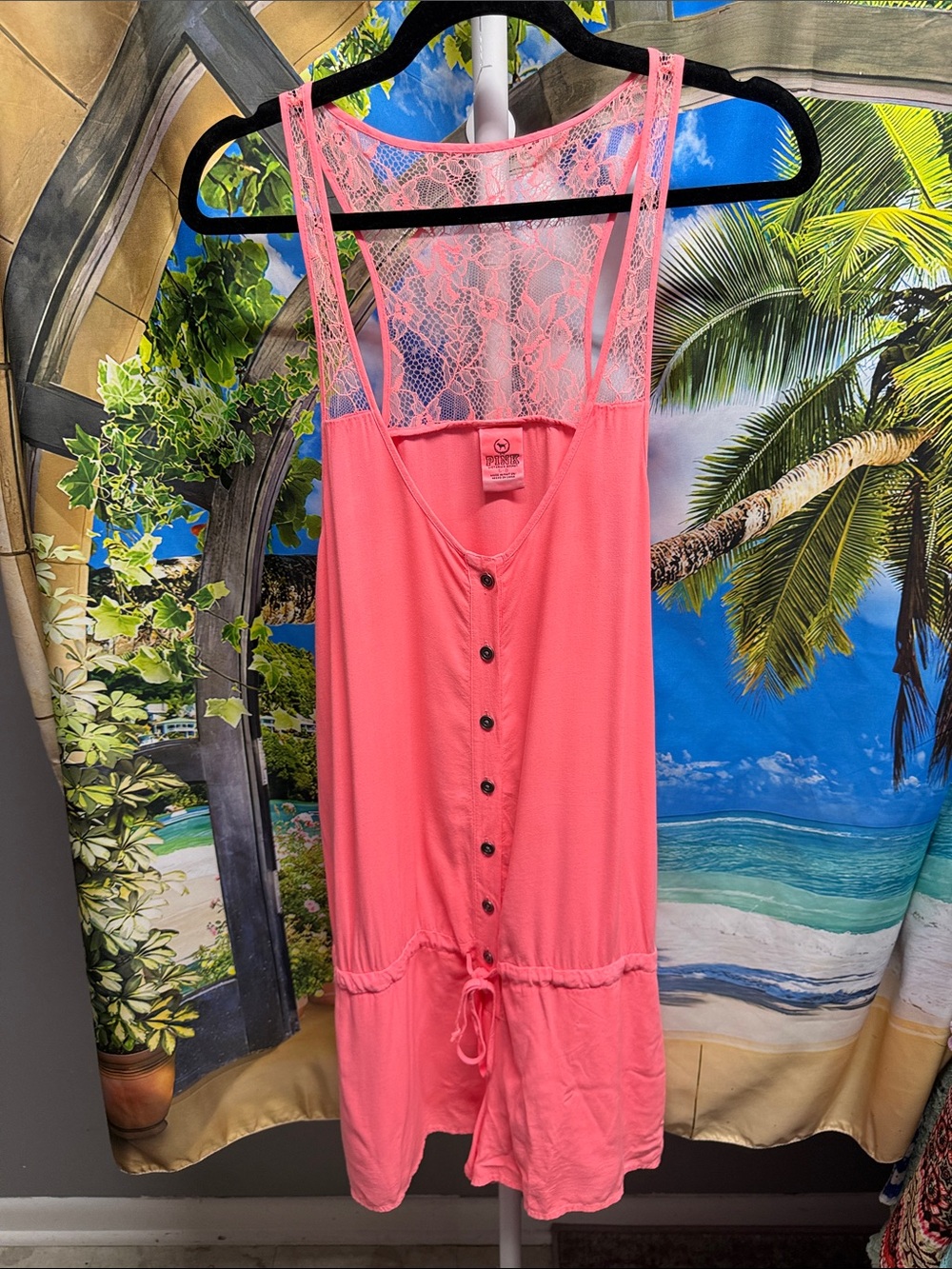PINK BY VICTORIA SECRET Coral Pink Lace-Back Button Romper